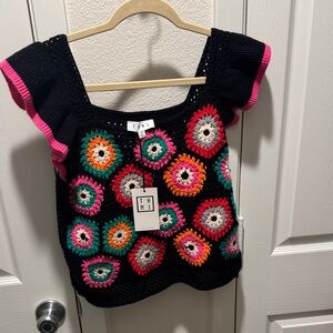 THML Black Crochet Top with Multicolor Accents